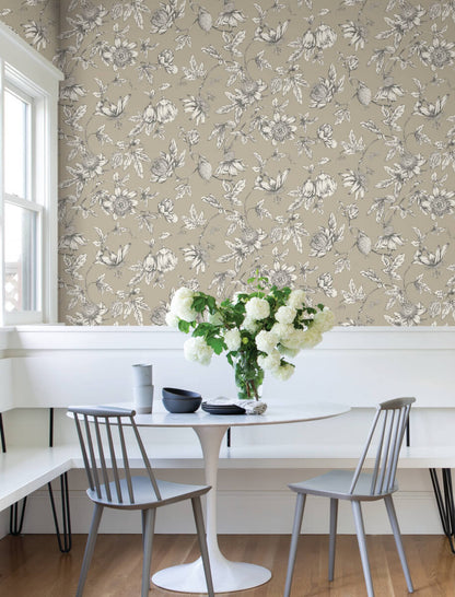 Toile Resource Library Passion Flower Toile Wallpaper - Brown