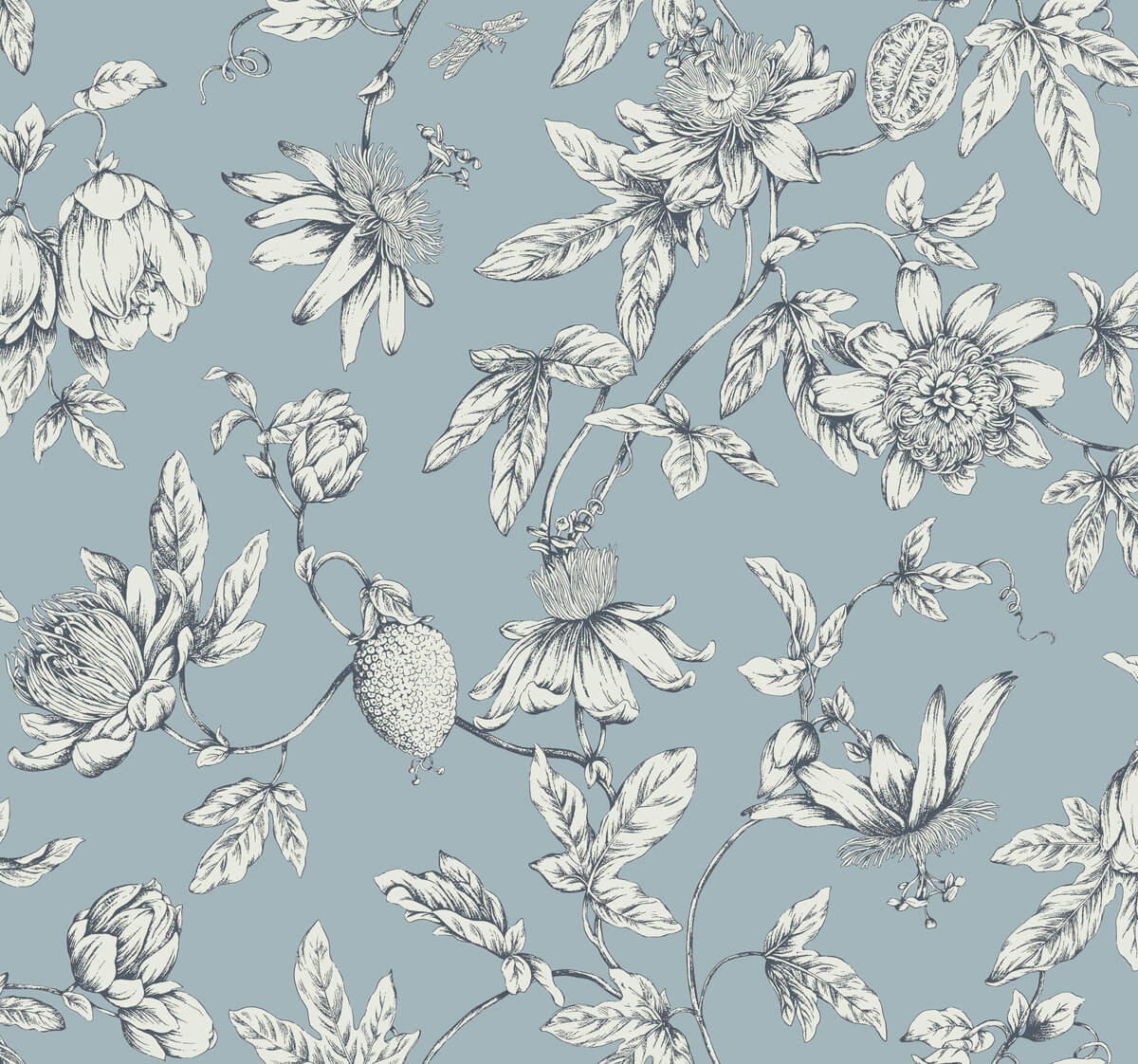 Toile Resource Library Passion Flower Toile Wallpaper - Blue