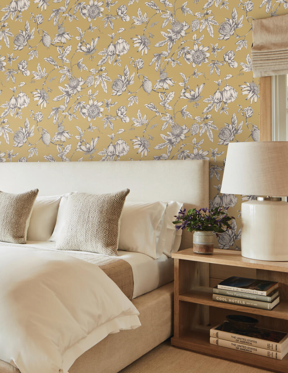 Toile Resource Library Passion Flower Toile Wallpaper - Yellow