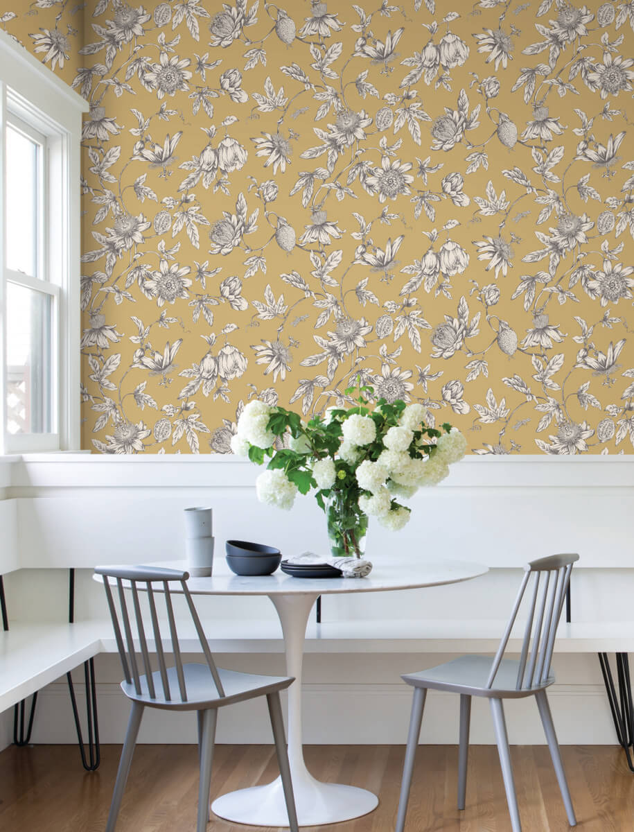 Toile Resource Library Passion Flower Toile Wallpaper - Yellow