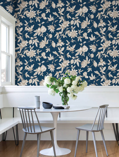 Toile Resource Library Passion Flower Toile Wallpaper - Blue