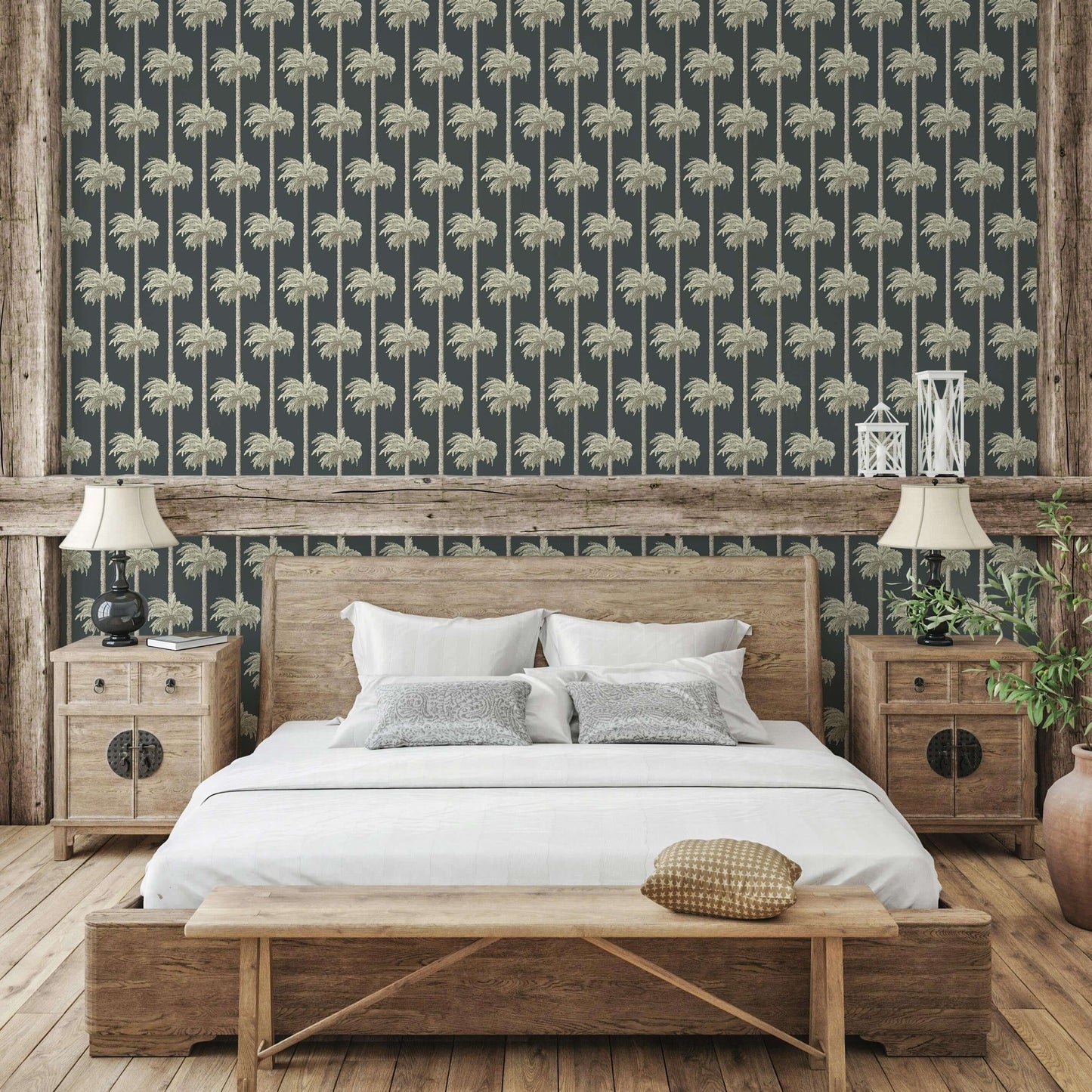 Mitchell Black Retro Tiki Palm Trees Wallpaper - Black