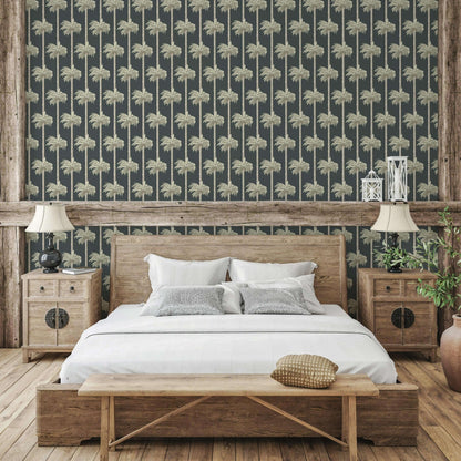 Mitchell Black Retro Tiki Palm Trees Wallpaper - Black