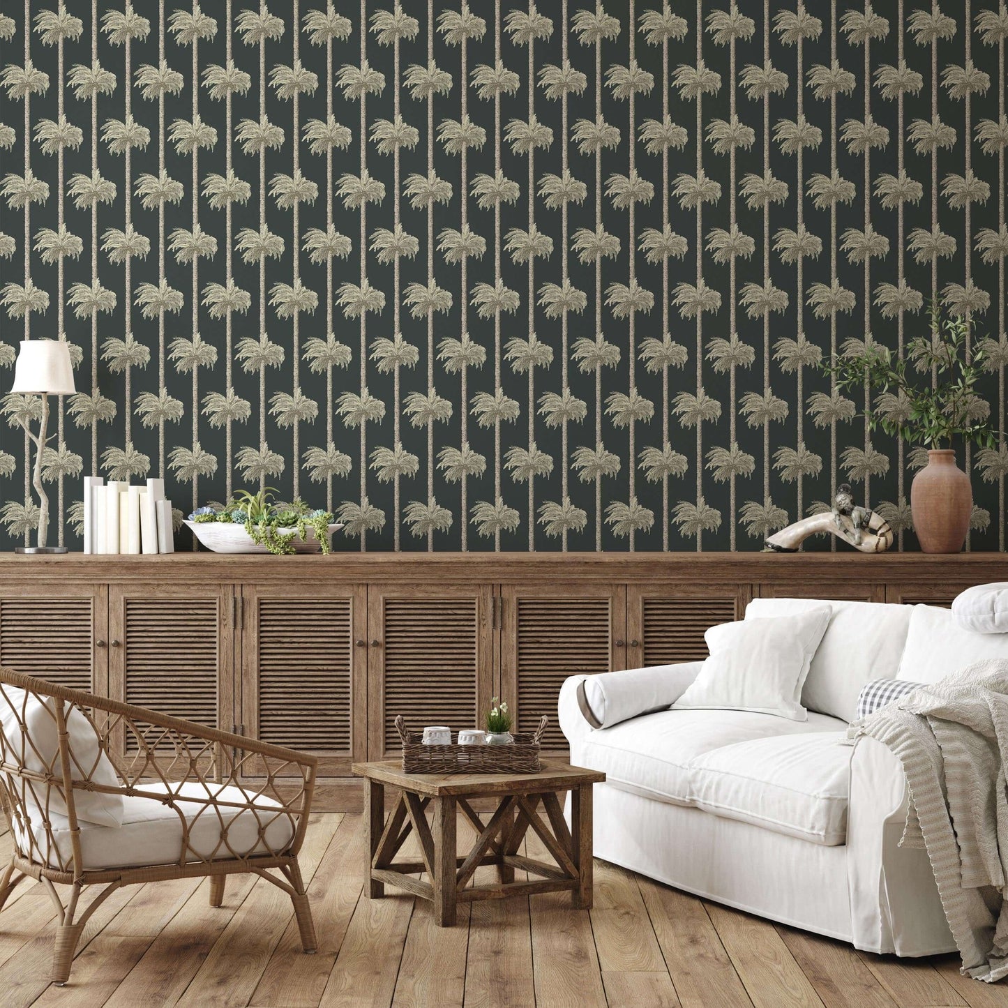 Mitchell Black Retro Tiki Palm Trees Wallpaper - Black