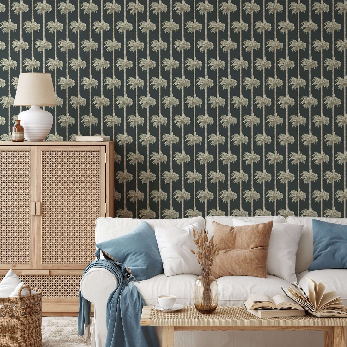 Mitchell Black Retro Tiki Palm Trees Wallpaper - Black