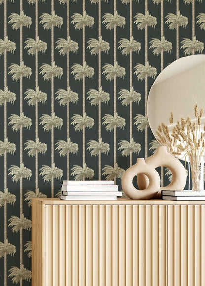Mitchell Black Retro Tiki Palm Trees Wallpaper - Black
