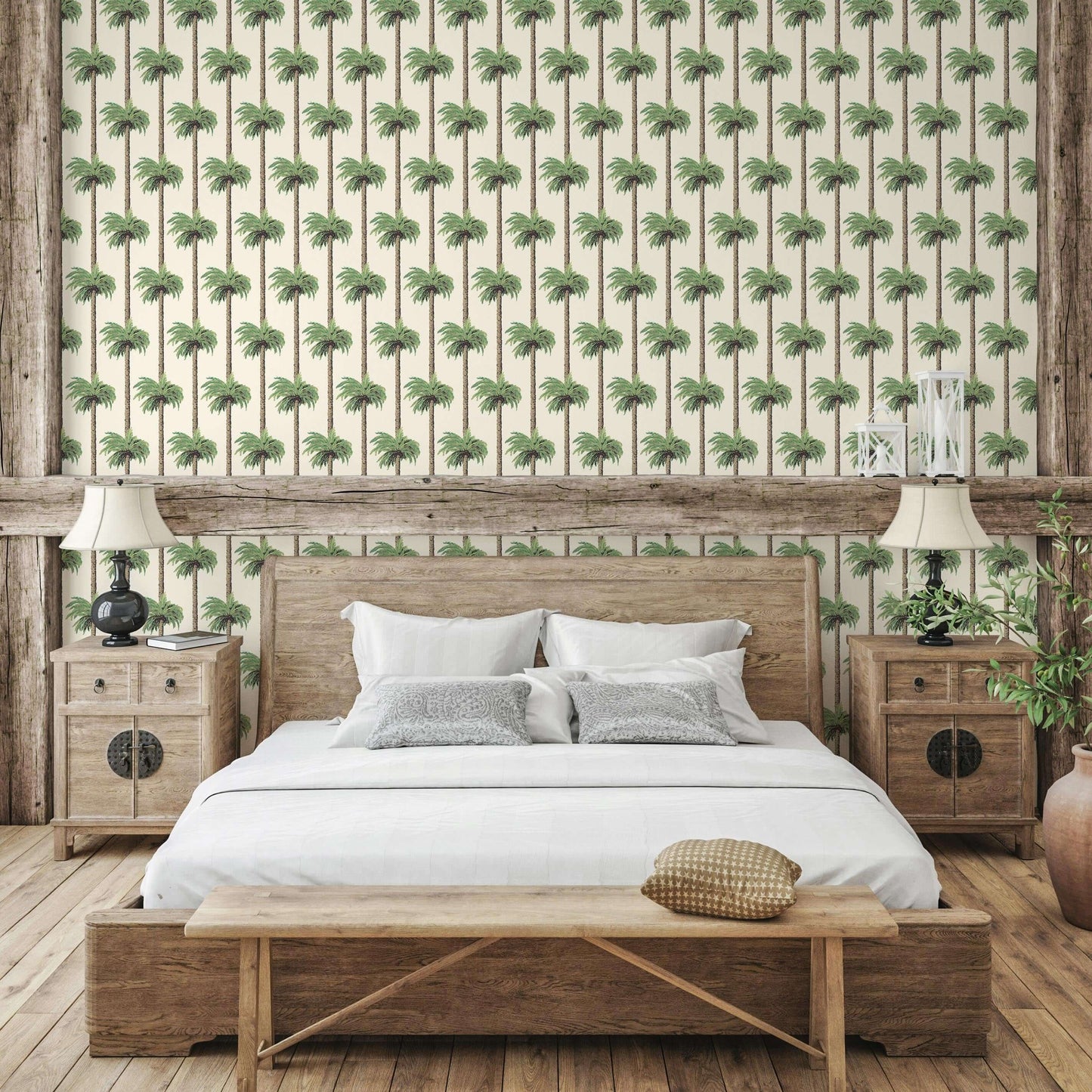 Mitchell Black Retro Tiki Palm Trees Wallpaper - Linen