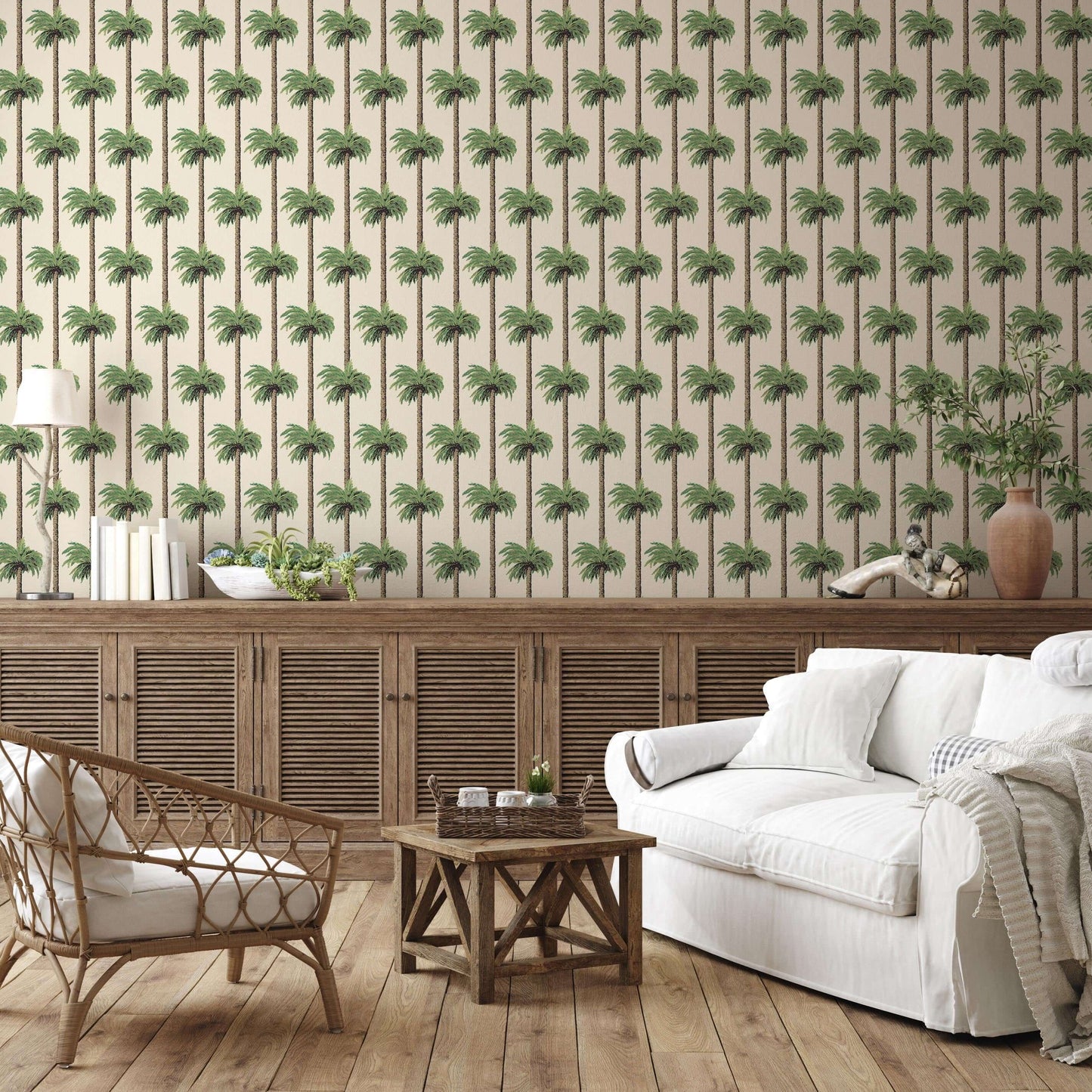 Mitchell Black Retro Tiki Palm Trees Wallpaper - Linen