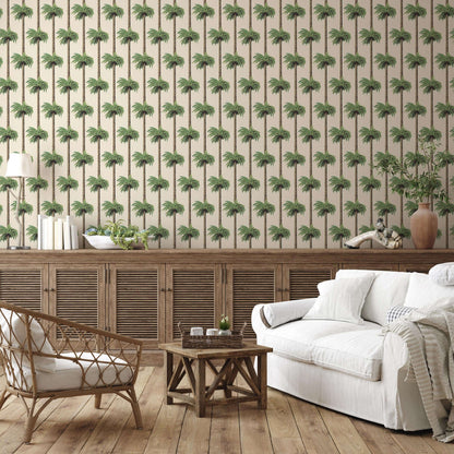 Mitchell Black Retro Tiki Palm Trees Wallpaper - Linen