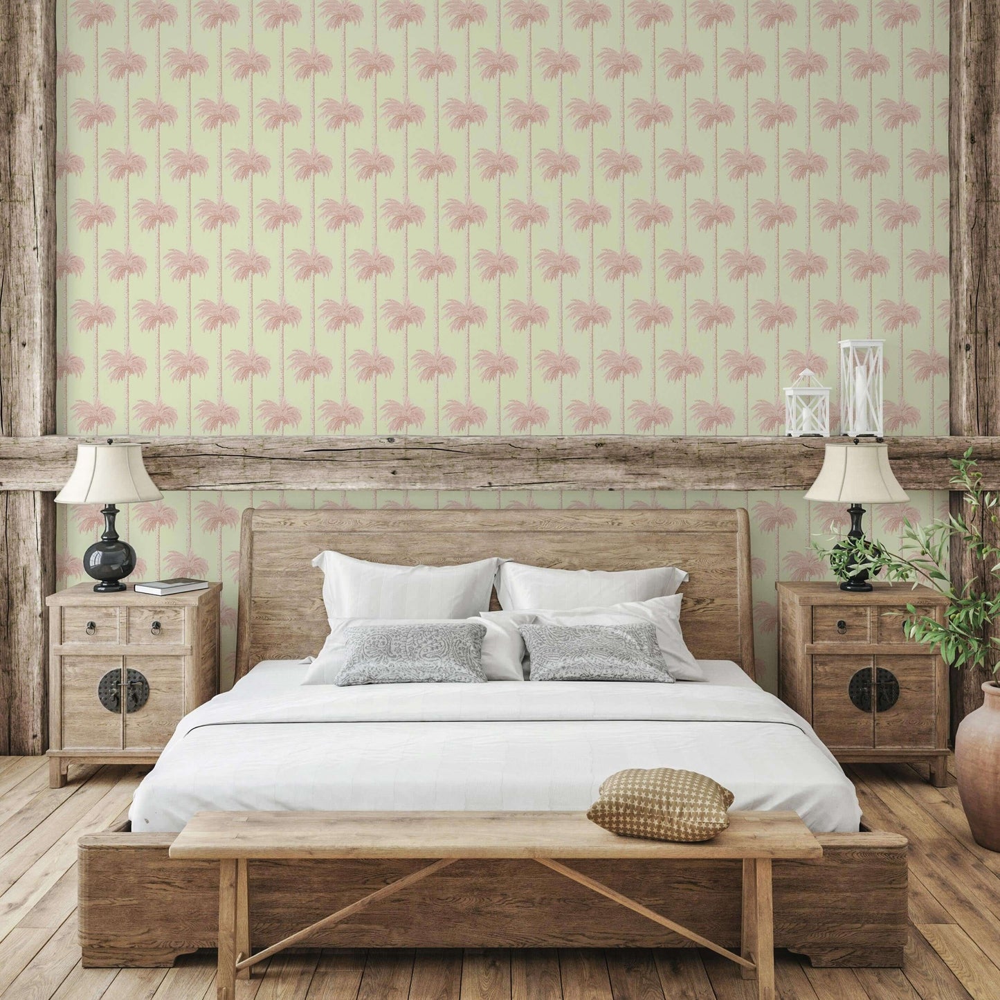 Mitchell Black Retro Tiki Palm Trees Wallpaper - Pink