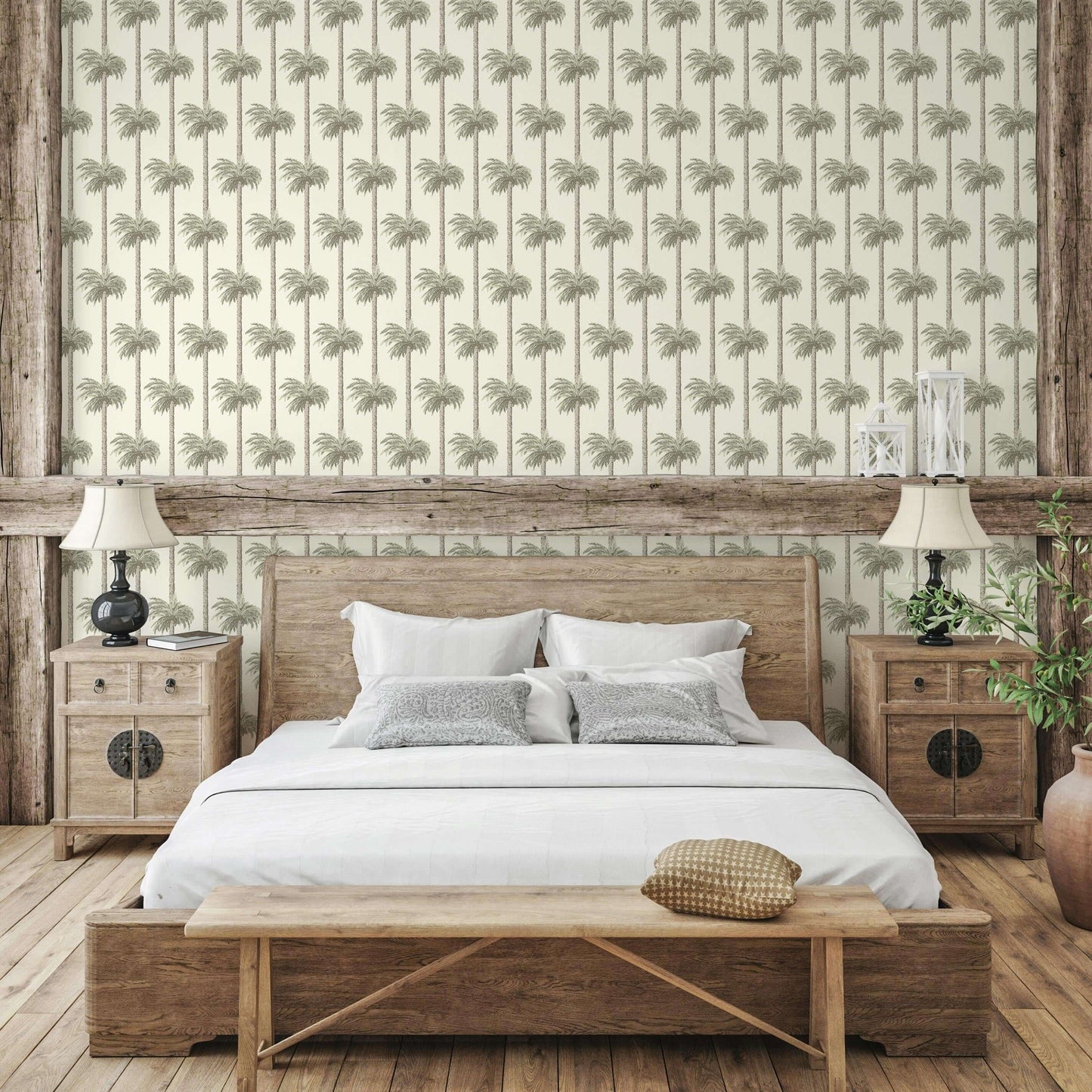 Mitchell Black Retro Tiki Palm Trees Wallpaper - Sunbleached Beige