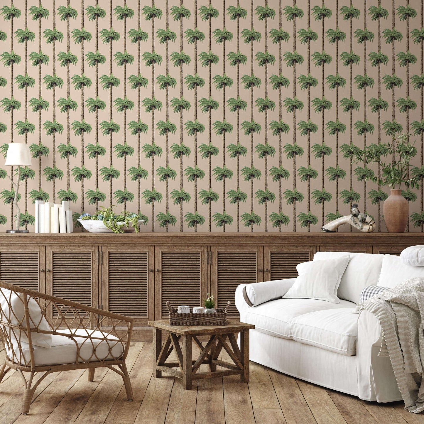 Mitchell Black Retro Tiki Palm Trees Wallpaper - Tan
