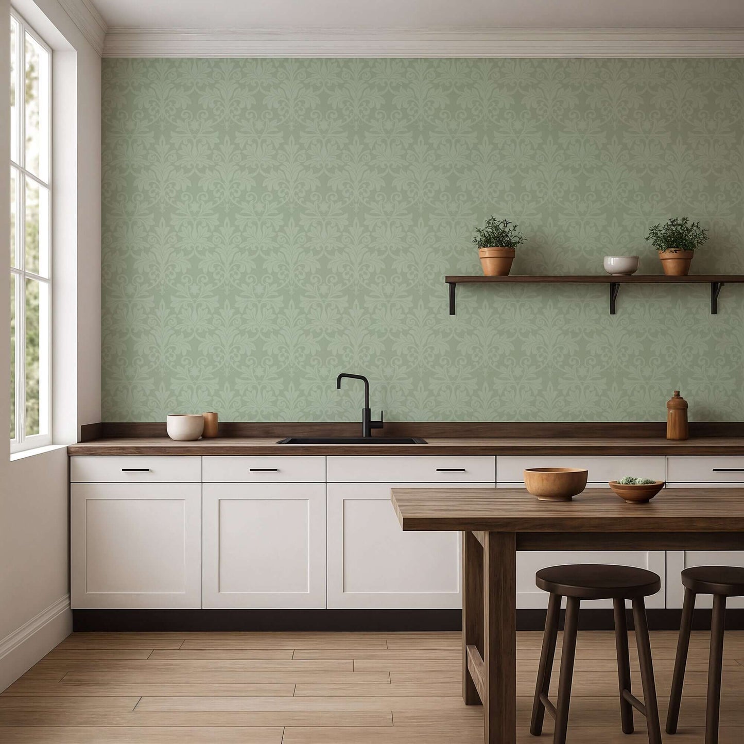 Mitchell Black Rococo Relief Wallpaper - Misty Green