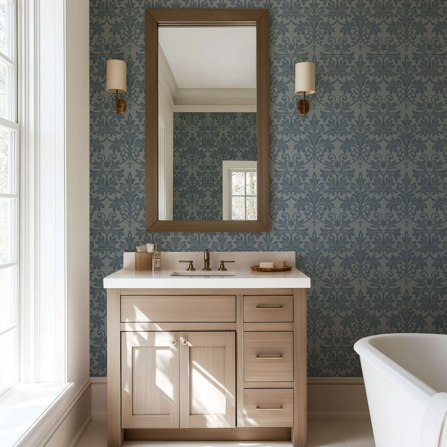Mitchell Black Rococo Relief Wallpaper - Pewter Blue