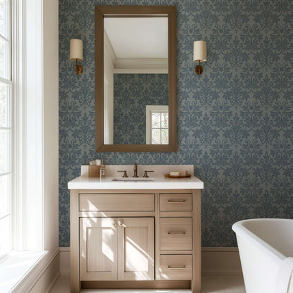 Mitchell Black Rococo Relief Wallpaper - Pewter Blue