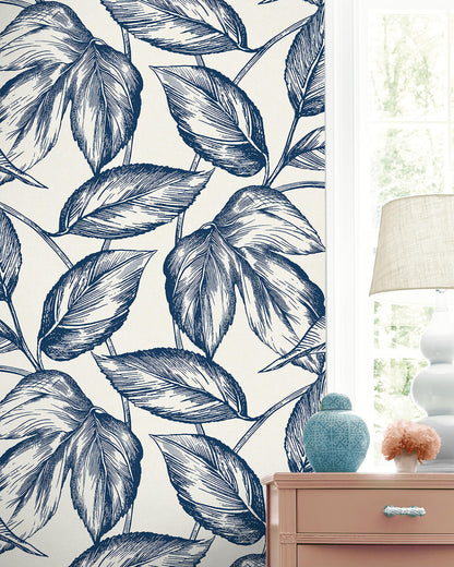 Seabrook Summer House Beckett Sketched Leaves Wallpaper - Blueberry Hill