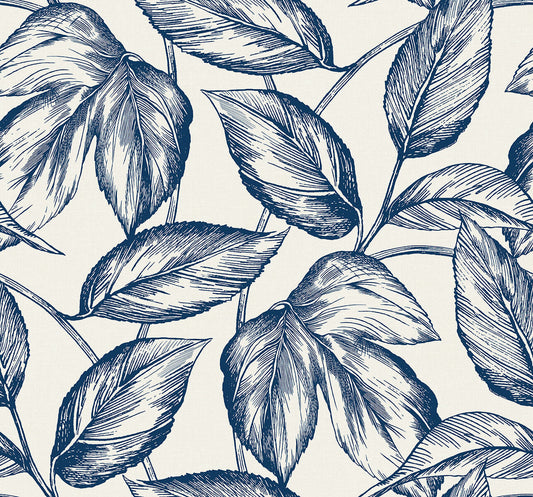 Seabrook Summer House Beckett Sketched Leaves Wallpaper - Blueberry Hill