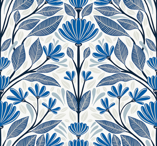 Seabrook Summer House Carmela Folk Floral Wallpaper - True Blue