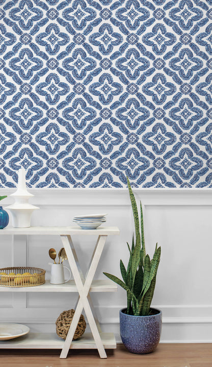 Seabrook Summer House Talia Botanical Medallion Wallpaper - Cottage Blue