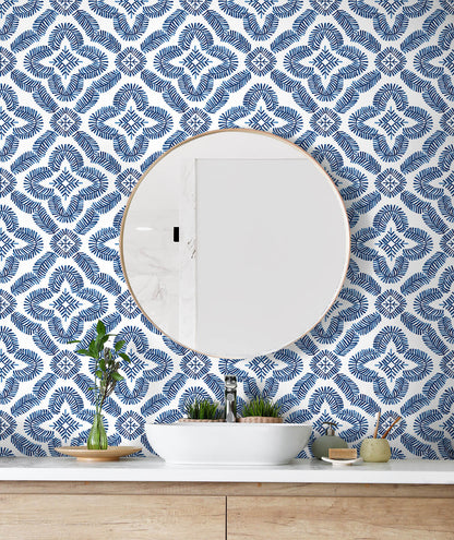 Seabrook Summer House Talia Botanical Medallion Wallpaper - Cottage Blue