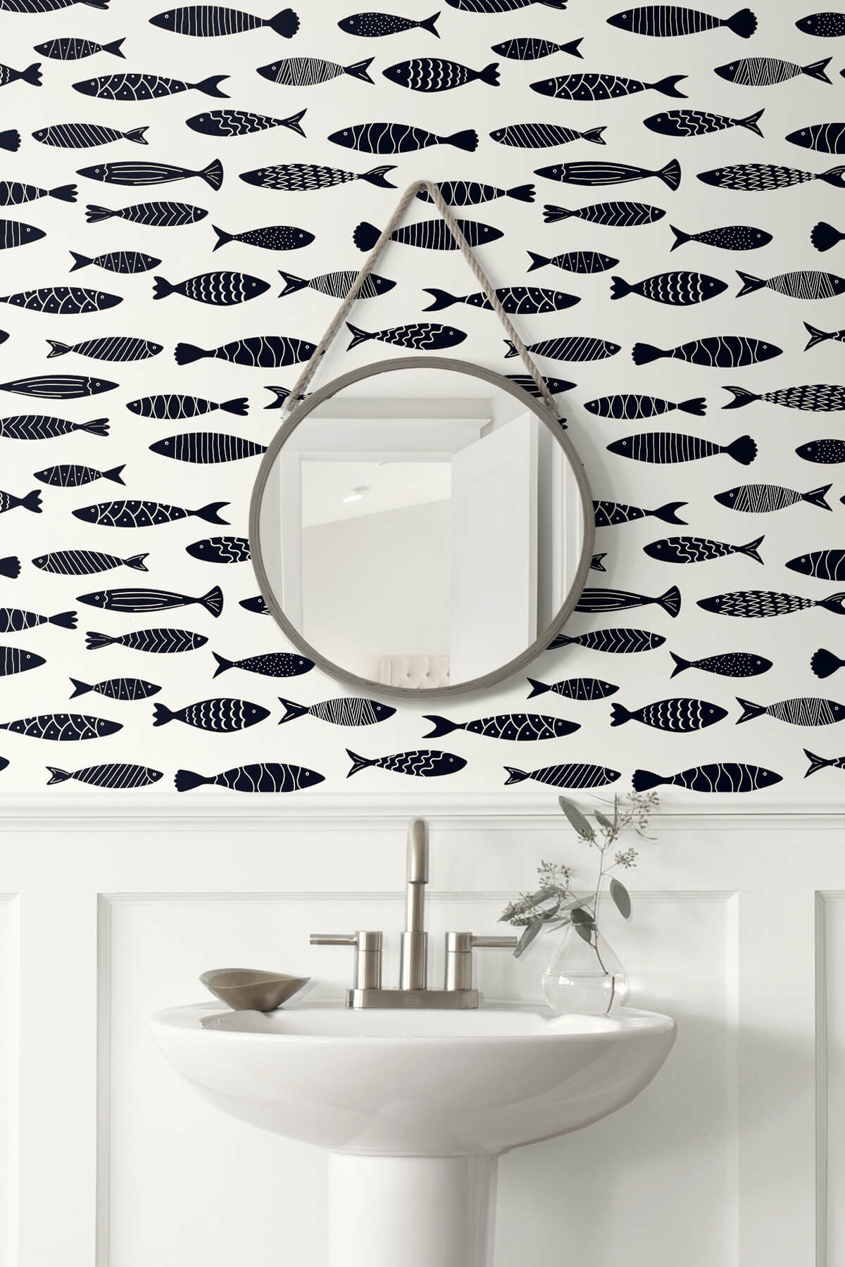 Seabrook Summer House Bay Fish Wallpaper - Black and White