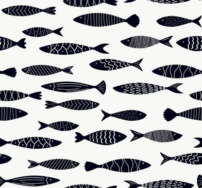 Seabrook Summer House Bay Fish Wallpaper - Black and White
