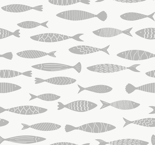 Seabrook Summer House Bay Fish Wallpaper - Silver Sea