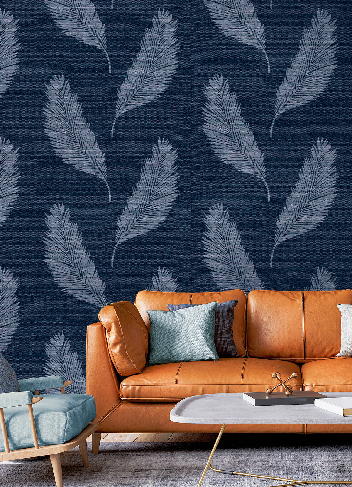 Seabrook Summer House Tossed Palm Grasscloth Wallpaper - Midnight Blue
