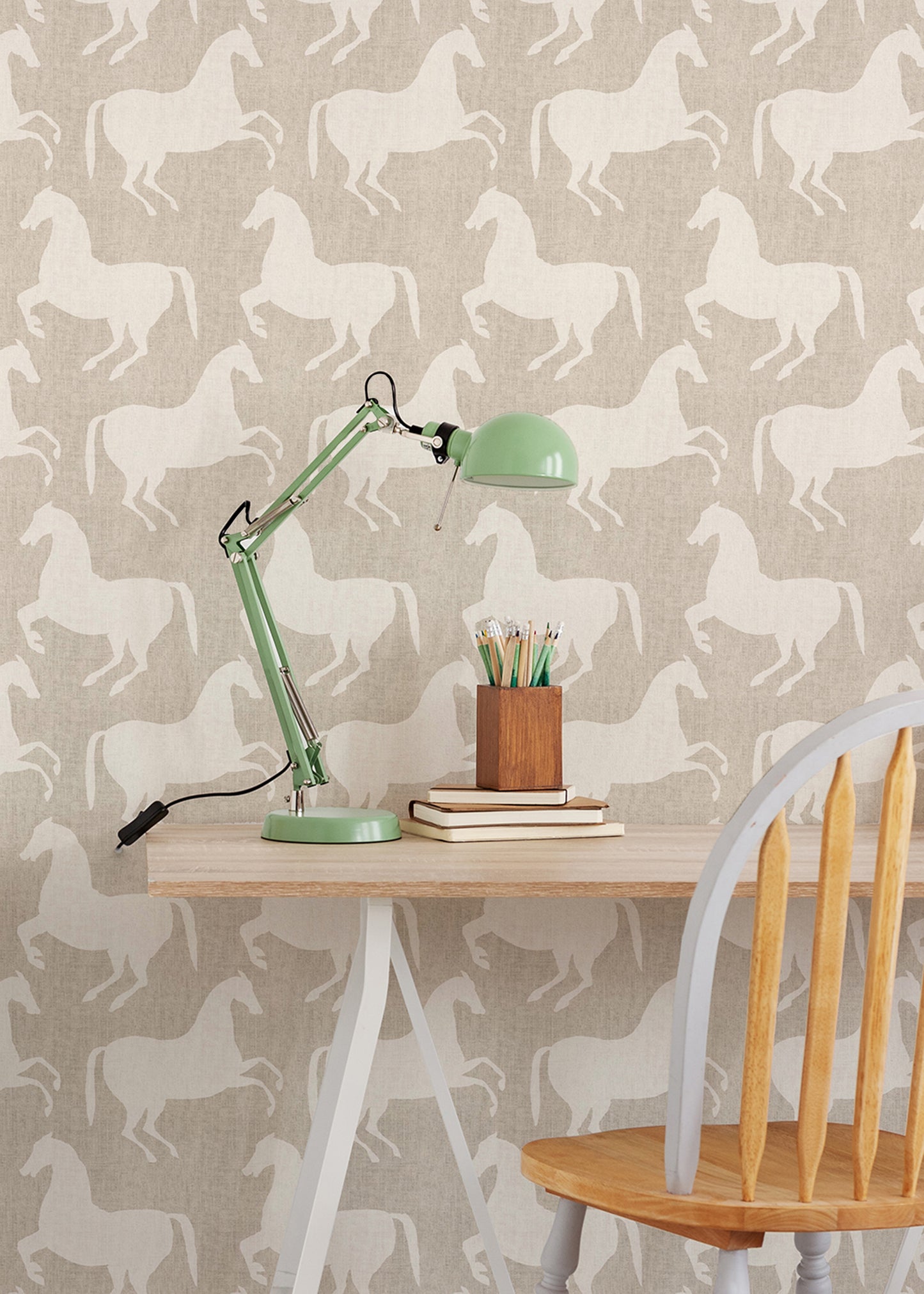 Mitchell Black Kids Paper Horses Wallpaper - Raw Linen