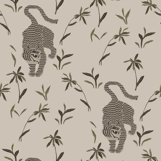 Mitchell Black Stalking Tiger Wallpaper - Almond