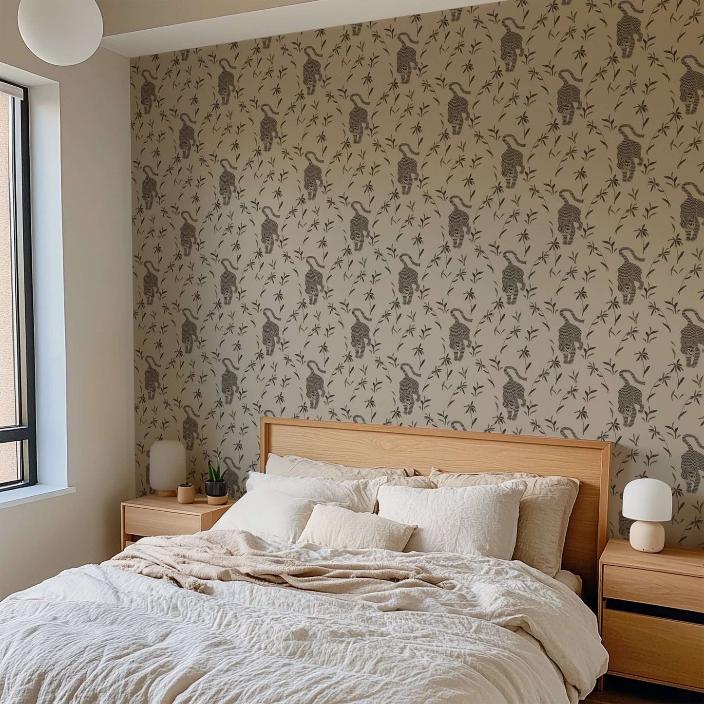 Mitchell Black Stalking Tiger Wallpaper - Almond