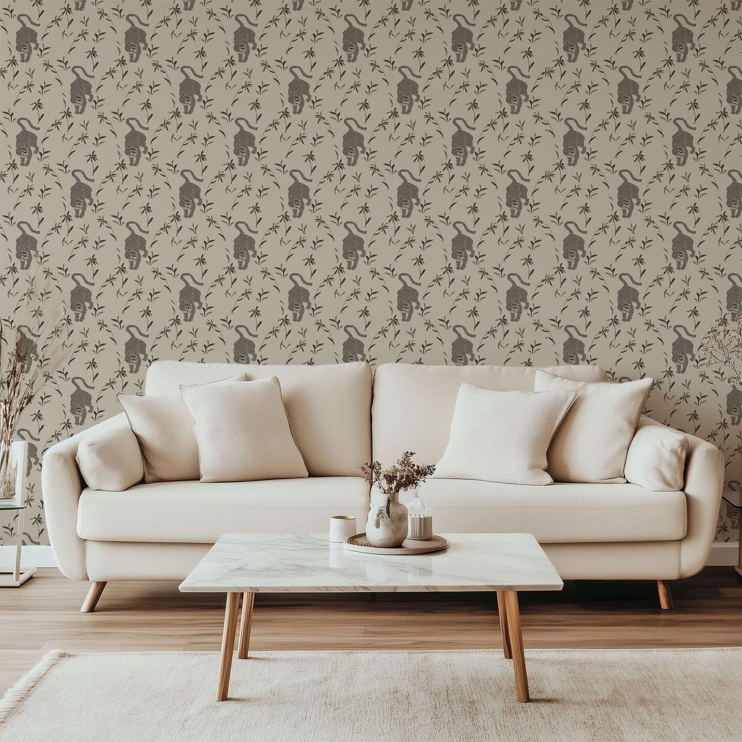 Mitchell Black Stalking Tiger Wallpaper - Almond