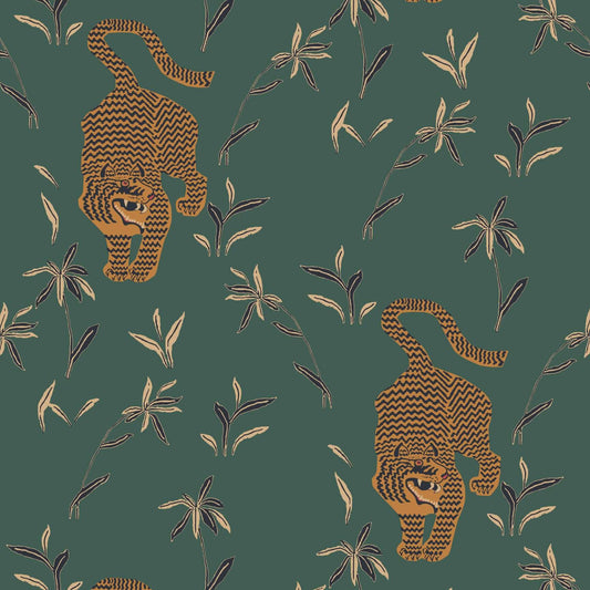 Mitchell Black Stalking Tiger Wallpaper - Spruce Green
