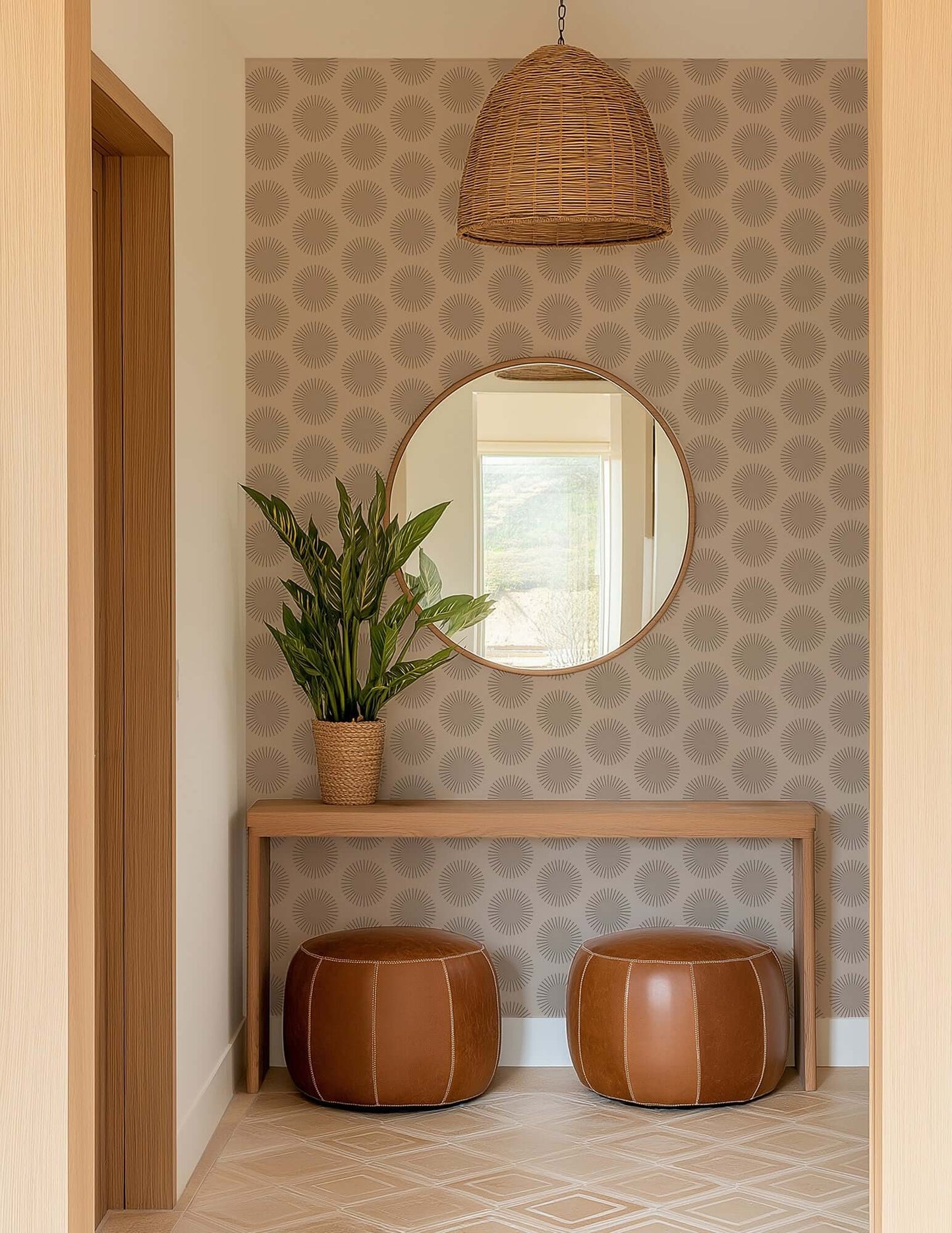 Mitchell Black Sunburst Wallpaper - Ceramic Pink