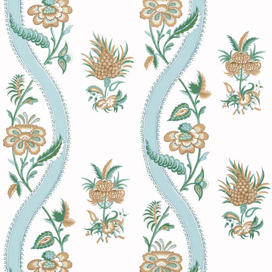 Thibaut Indienne Ribbon Floral Wallpaper - Seaglass & Gold