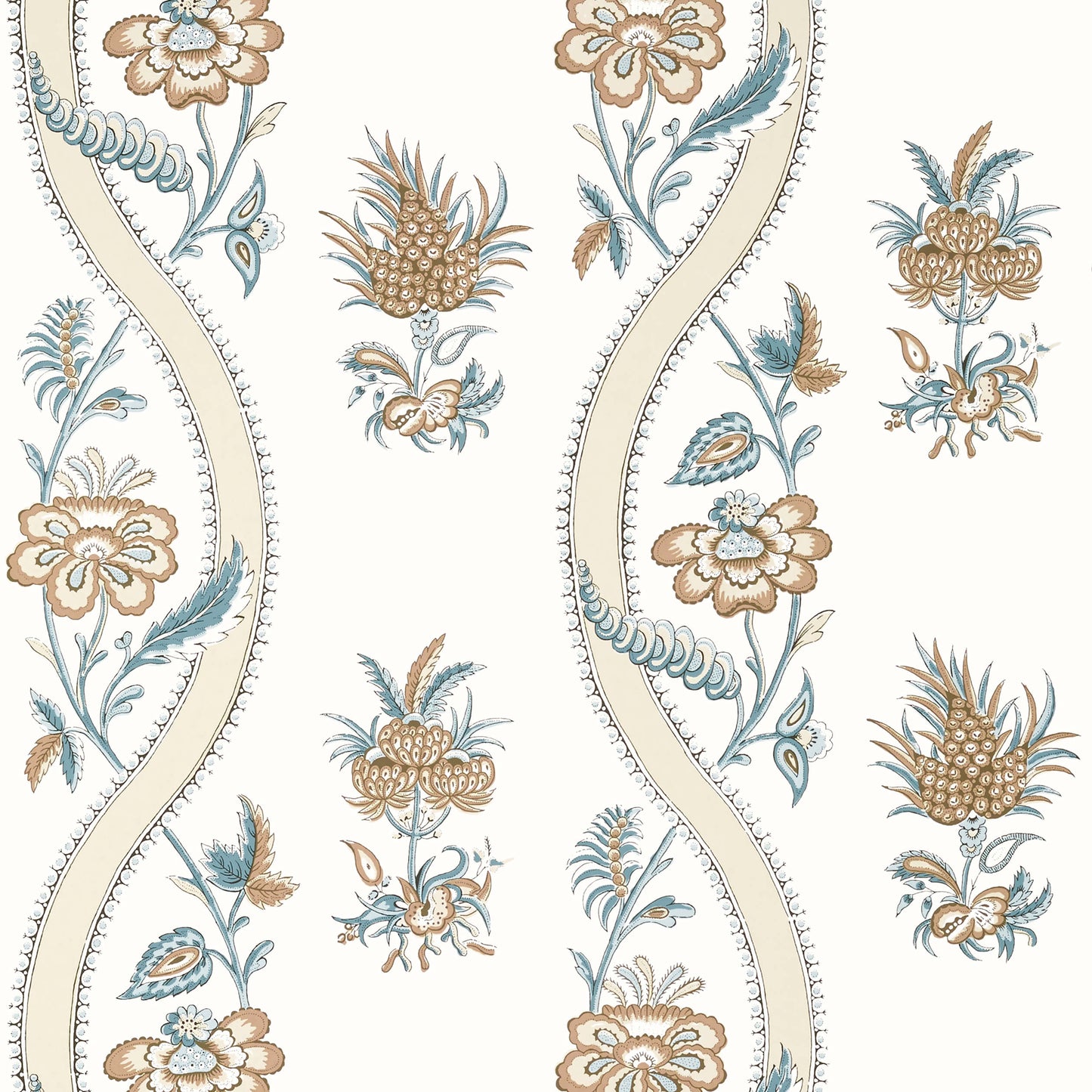 Thibaut Indienne Ribbon Floral Wallpaper - Beige & Spa Blue