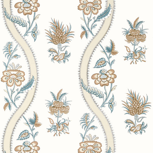 Thibaut Indienne Ribbon Floral Wallpaper - Beige & Spa Blue