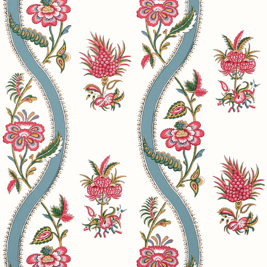 Thibaut Indienne Ribbon Floral Wallpaper - Raspberry & Teal