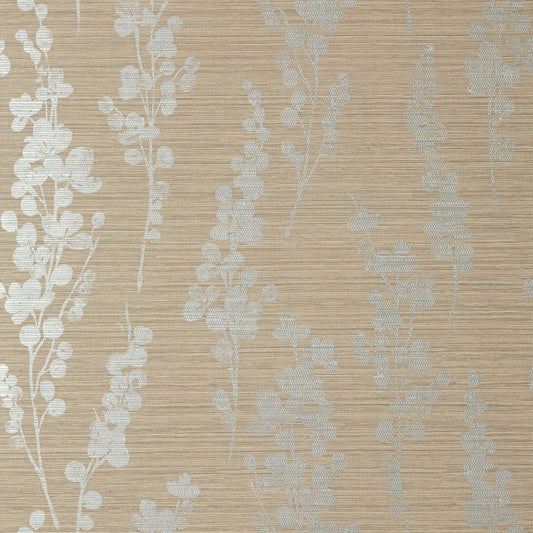 Thibaut Modern Resource Spring Blooms Wallpaper - Metallic Silver on Taupe