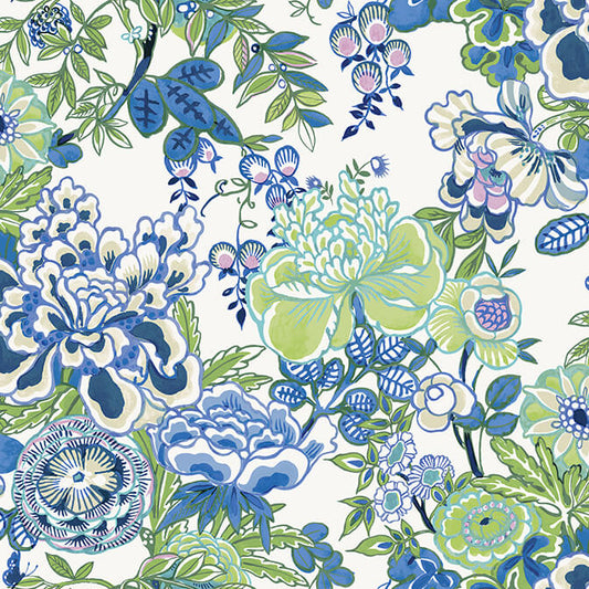 Thibaut Sojourn Peony Garden Wallpaper - Blue & Green