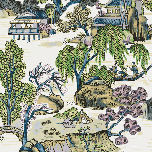 Thibaut Dynasty Asian Scenic Wallpaper - Purple & Blue