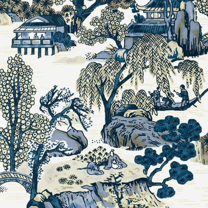 Thibaut Dynasty Asian Scenic Wallpaper - Blue & Beige