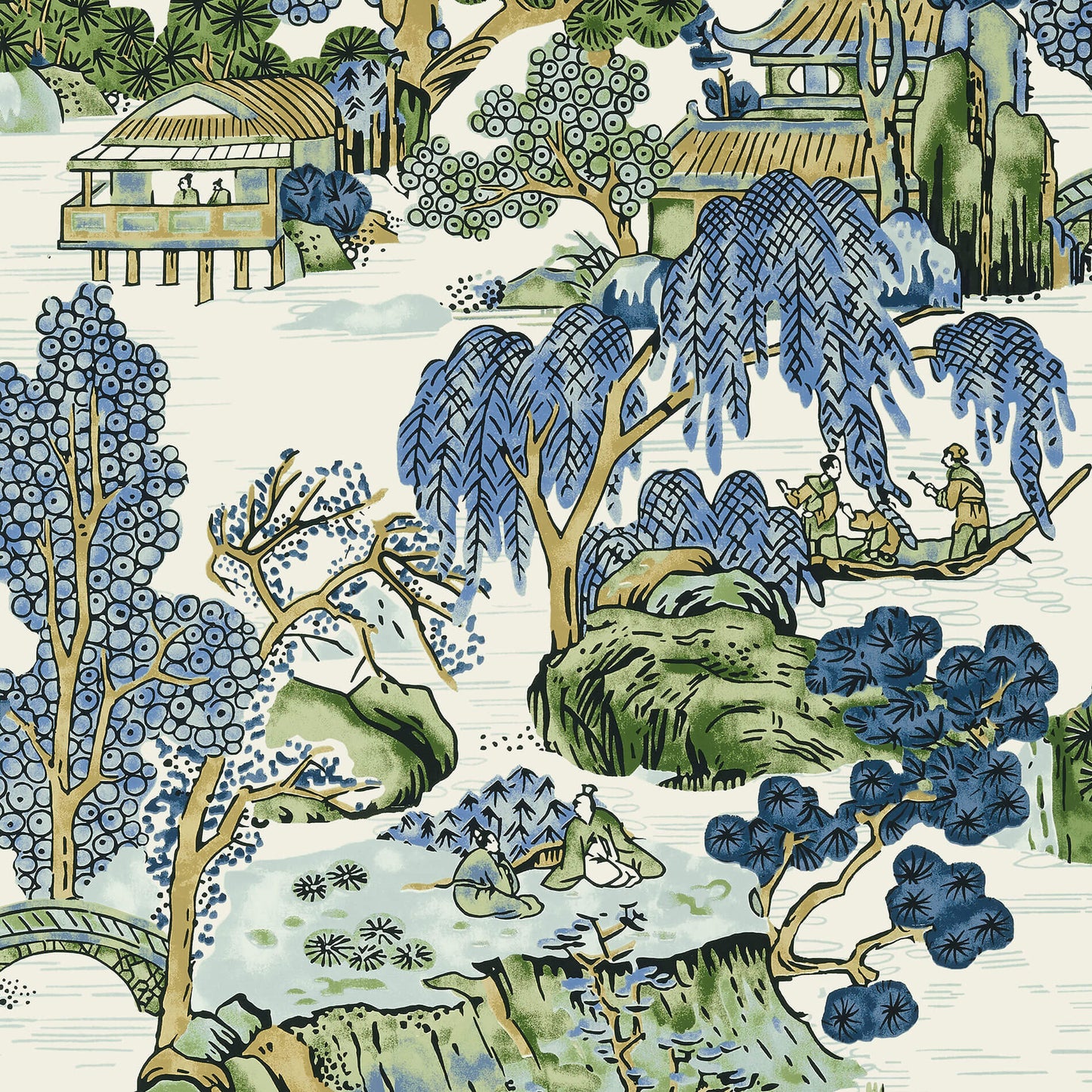 Thibaut Dynasty Asian Scenic Wallpaper - Blue & Green