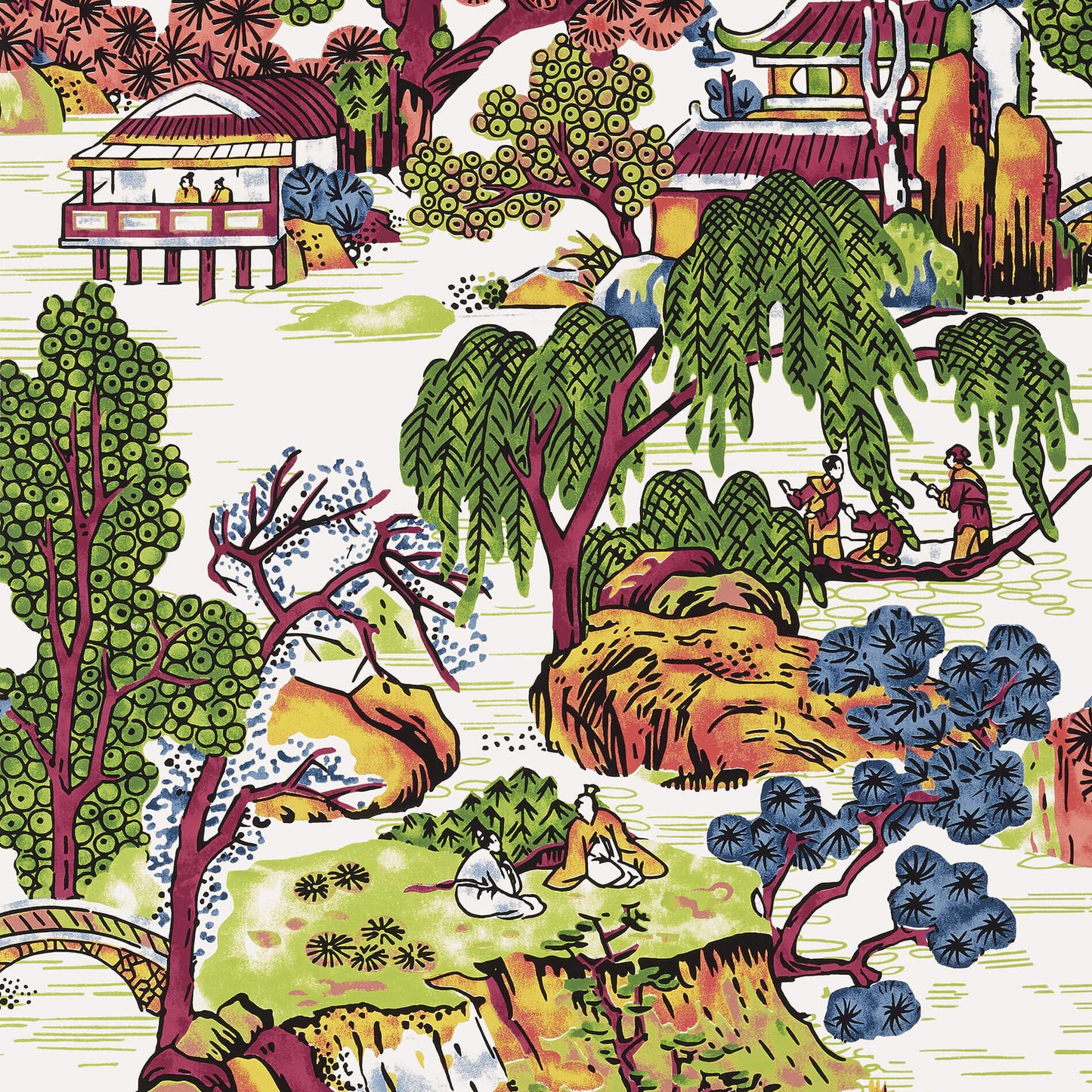 Thibaut Dynasty Asian Scenic Wallpaper - Coral & Green