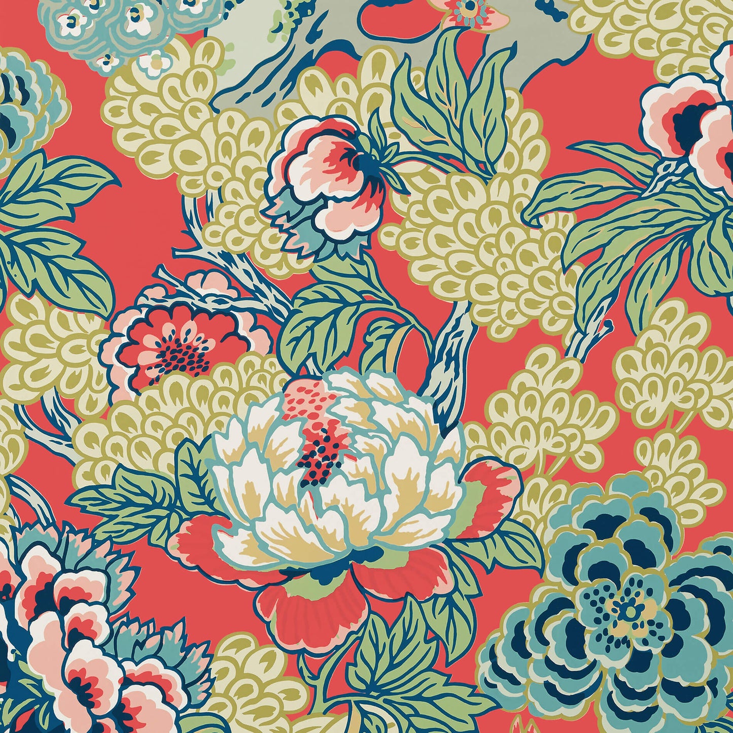 Thibaut Dynasty Honshu Wallpaper - Coral & Green