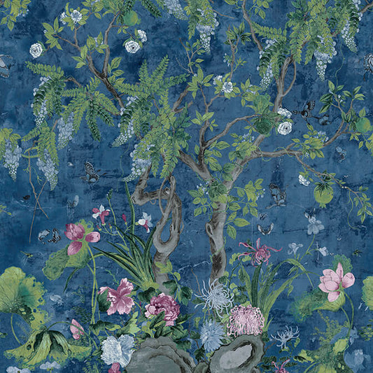 Thibaut Sojourn Wild Wisteria Wallpaper Mural - Navy Blue