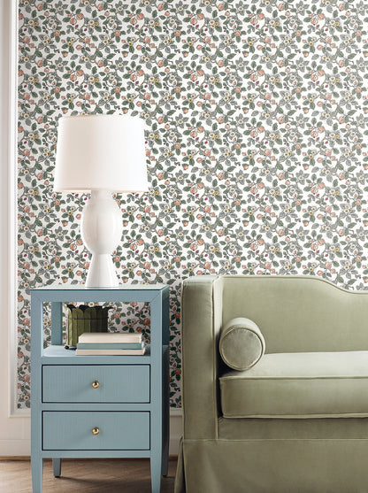 Antonina Vella Jardin Framboise Wallpaper - Salmon & Eucalyptus