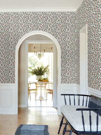 Antonina Vella Jardin Framboise Wallpaper - Salmon & Eucalyptus