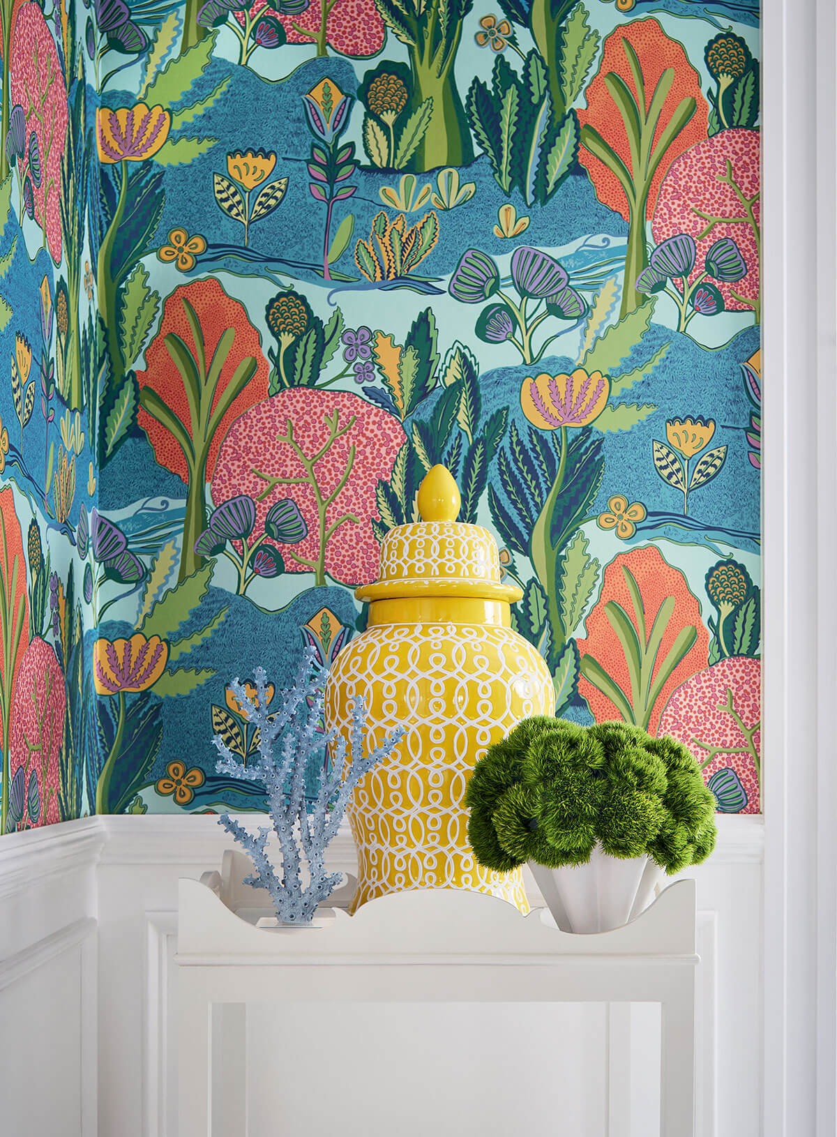 Thibaut Wanderlust Albero Wallpaper - Tangerine & Turquoise