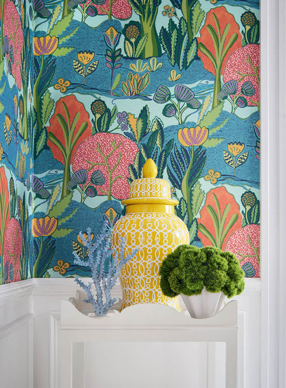 Thibaut Wanderlust Albero Wallpaper - Tangerine & Turquoise